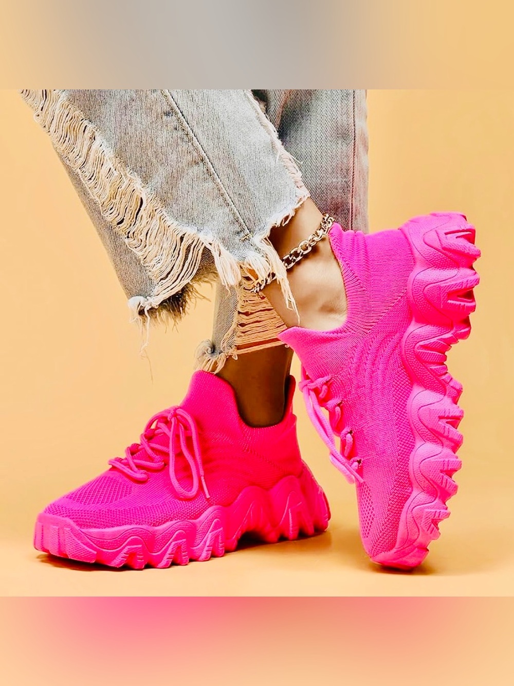 Amazon Women's  casual Bright Pink Chunky Knit Sneakers size 11 - Picture 3 of 14